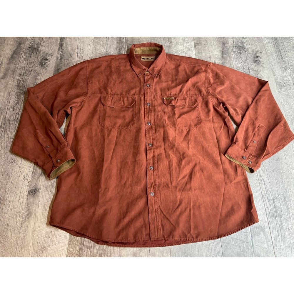 Magellan Shirt Mens XL Brown Lined Button Pockets Long Sleeve Faux Velour Silk